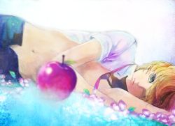 Rule 34 | 1boy, apple, bad id, bad pixiv id, blonde hair, blue eyes, food, fruit, hair over one eye, kagamine len, lying, male focus, midriff, necktie, on side, open clothes, open shirt, out of eden (vocaloid), petals, rabbit19, shirt, short hair, solo, vocaloid