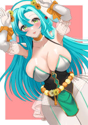 Rule 34 | 1girl, :p, absurdres, aqua hair, armpits, arms up, bare shoulders, blush, breasts, chloe (fire emblem), choker, collarbone, commentary request, detached sleeves, elbow gloves, fire emblem, fire emblem engage, fire emblem heroes, gloves, green eyes, hair between eyes, hairband, highres, large breasts, leotard, long hair, looking at viewer, nintendo, orange choker, pantyhose, puffy short sleeves, puffy sleeves, short sleeves, solo, tara (szzj7733), tongue, tongue out, very long hair, white gloves, white hairband, white pantyhose