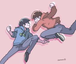 Rule 34 | 10s, 2boys, afterimage, bad id, bad twitter id, black hair, brothers, brown hair, chromatic aberration, denim, hood, hoodie, incoming attack, incoming punch, jeans, jumping, male focus, matsuno karamatsu, matsuno osomatsu, multiple boys, osomatsu-kun, osomatsu-san, pants, pink background, punching, siblings, simple background, smile, sunglasses, twitter username, zen nagomi