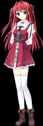 Rule 34 | 1girl, absurdres, blue eyes, brown footwear, dress, frilled dress, frills, game cg, highres, kimishima ao, long hair, long image, necktie, ootori rena, otome ga tsumugu koi no canvas, red hair, school uniform, solo, tall image, thighhighs, twintails, uniform, white thighhighs