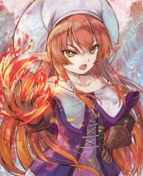 Rule 34 | 1girl, bare shoulders, brown eyes, brown gloves, brown hair, collarbone, commentary request, dress, fang, fire, gloves, hand on own hip, hat, helck, highres, hikari niji, jacket, looking at viewer, off-shoulder jacket, off shoulder, open mouth, pointy ears, purple dress, purple jacket, pyrokinesis, solo, thick eyebrows, v-shaped eyebrows, vermilio (helck), white hat