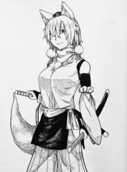 Rule 34 | 1girl, adapted costume, animal ears, breasts, bridal gauntlets, cowboy shot, detached sleeves, fangs, fangs out, greyscale, hair between eyes, hair over one eye, hakama, hakama pants, hat, highres, hip vent, inubashiri momiji, japanese clothes, large breasts, looking at viewer, monochrome, ozma (yozakura), pants, pom pom (clothes), sheath, sheathed, short hair, slit pupils, solo, tail, tokin hat, touhou, traditional media, turtleneck, wide sleeves, wolf ears, wolf tail