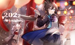 Rule 34 | 2022, 4girls, absurdres, amiya (arknights), animal ear fluff, animal ears, arknights, arm behind head, ascot, backlighting, bare shoulders, belt, black coat, blue choker, blue eyes, blue skirt, blurry, blurry foreground, blush, brown hair, brown legwear, building, choker, closed eyes, closed mouth, clothes writing, coat, coxx8, depth of field, dragon horns, exusiai (arknights), fireworks, floating hair, food, halo, high collar, highres, holding, holding food, horns, jacket, jewelry, kal&#039;tsit (arknights), lantern, light particles, long sleeves, looking at viewer, low ponytail, material growth, miniskirt, multicolored hair, multiple girls, multiple rings, navel, new year, nian (arknights), open clothes, open coat, oripathy lesion (arknights), outdoors, pantyhose, paper lantern, plaid, plaid skirt, purple ascot, rabbit ears, red hair, ring, shirt, short hair, shorts, silver hair, skirt, smile, strapless, streaked hair, thighlet, town, tube top, two-tone hair, white jacket, white shirt, white shorts, wide sleeves