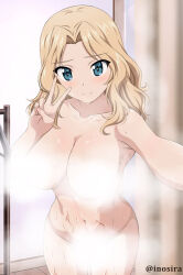 Rule 34 | 1girl, blonde hair, blue eyes, breasts, closed mouth, collarbone, completely nude, convenient censoring, cowboy shot, girls und panzer, hair intakes, hand up, inoshira, kay (girls und panzer), large breasts, long hair, looking at viewer, navel, nude, outstretched arm, selfie, smile, solo, steam, steam censor, steaming body, stomach, twitter username, v, wavy hair, wet
