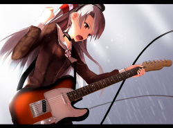 Rule 34 | 10s, 1girl, akabane rin, amatsukaze (kancolle), brown eyes, dress, guitar, highres, instrument, kantai collection, letterboxed, long hair, sailor dress, silver hair, solo, sweat, two side up