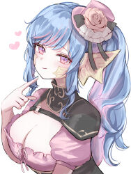 Rule 34 | 1girl, absurdres, au ra, blue hair, breasts, cleavage, diamond-shaped pupils, diamond (shape), dragon horns, final fantasy, final fantasy xiv, flower, from side, hand up, hat, hat flower, heart, highres, horns, index finger raised, large breasts, lilith degree, long hair, looking at viewer, mini hat, mini top hat, multicolored hair, o-ring, pink eyes, pink flower, pink hair, pink hat, pink rose, pink shirt, ponytail, puffy short sleeves, puffy sleeves, rose, scales, shirt, short sleeves, sidelocks, simple background, smile, solo, streaked hair, symbol-shaped pupils, top hat, two-tone hair, upper body, warrior of light (ff14), white background