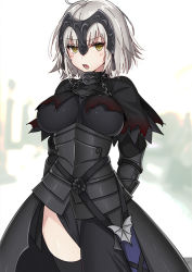 Rule 34 | &gt;:o, 1girl, :o, ahoge, armor, armored dress, black thighhighs, blurry, breasts, capelet, chain, cowboy shot, depth of field, fate/grand order, fate (series), faulds, gauntlets, headpiece, jeanne d&#039;arc (fate), jeanne d&#039;arc alter (avenger) (fate), jeanne d&#039;arc alter (fate), kuritomo, large breasts, looking at viewer, short hair, silver hair, solo, thighhighs, v-shaped eyebrows, yellow eyes