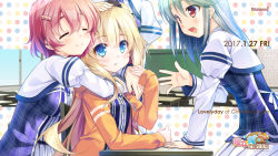 Rule 34 | 2017, 4girls, :d, arm support, blonde hair, blue eyes, character request, chikotam, classroom, closed eyes, green hair, hair ornament, hairclip, hand on another&#039;s head, highres, hood, hooded jacket, hug, hug from behind, indoors, jacket, kanojo to ore no lovely day, kongou alice, long hair, multiple girls, open mouth, orange jacket, parted lips, pink hair, pleated skirt, red eyes, ribbon, scan, school, short hair, skirt, smile, very long hair, white ribbon, white skirt