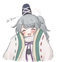 Rule 34 | 1girl, black hat, blush, closed eyes, commentary, facing viewer, grey hair, hat, highres, long hair, long sleeves, mononobe no futo, pipita, ponytail, ribbon-trimmed sleeves, ribbon trim, simple background, solo, tate eboshi, touhou, translated, upper body, white background, wide sleeves
