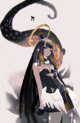 Rule 34 | 1girl, black dress, black gloves, black hair, blue eyes, blurry, chromatic aberration, closed mouth, depth of field, dress, floating, floating object, gloves, half gloves, halo, headpiece, highres, hololive, hololive english, long hair, looking at viewer, low wings, mole, mole under eye, ninomae ina&#039;nis, ninomae ina&#039;nis (1st costume), pointy ears, short dress, sidelocks, simple background, single thighhigh, sleeveless, smile, so-bin, solo, tentacle hair, tentacles, thighhighs, torii, very long hair, virtual youtuber, white background, white thighhighs, white wings, wings