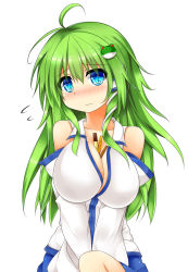 Rule 34 | 1girl, ahoge, bare shoulders, between breasts, blue eyes, blush, breasts, cleavage, collarbone, detached sleeves, flying sweatdrops, frog hair ornament, green hair, hair ornament, highres, kochiya sanae, large breasts, long sleeves, pocky, revision, sitting, snake hair ornament, solo, touhou, us2s, v arms, wavy mouth, white background, wide sleeves