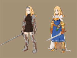 Rule 34 | 1girl, agrias oaks, armor, blonde hair, boobplate, breastplate, brown background, dagger, fgz, final fantasy, final fantasy tactics, full body, holding, holding sword, holding weapon, knife, knight (fft), long hair, multiple views, sheath, sheathed, simple background, squire (fft), sword, weapon