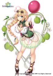 Rule 34 | 1girl, ahoge, ankle lace-up, balloon, balloon vine (flower knight girl), black footwear, blonde hair, braid, breasts, bubble skirt, cleavage, cleavage cutout, clothing cutout, copyright name, cross-laced footwear, flower, flower knight girl, full body, goggles, goggles on head, green eyes, green panties, green skirt, hair flower, hair ornament, heart, heart-shaped pupils, large breasts, long hair, looking at viewer, name connection, object namesake, official art, panties, see-through, shirt, shoes, single braid, skirt, sleeveless, sleeveless shirt, smile, solo, standing, symbol-shaped pupils, underwear, utsurogi akira, white background