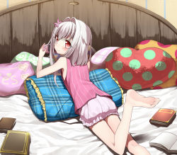 Rule 34 | 1boy, androgynous, barefoot, bed, bloomers, blush, book, child, crossdressing, erubo, feet, flower, hair intakes, hair ornament, handheld game console, heart, male focus, original, pillow, playing, playstation portable, red eyes, short hair, silver hair, smile, solo, trap, underwear, yes, yes-no pillow, yohane bonaventura