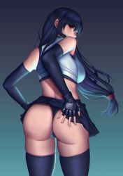 Rule 34 | 1girl, ass, bare shoulders, black hair, blue hair, breasts, clothes lift, deep skin, elbow gloves, final fantasy, final fantasy vii, fingerless gloves, from behind, gloves, gradient hair, hand on ass, highres, huge ass, large breasts, long hair, looking at viewer, looking back, looking down, melusmelon, miniskirt, multicolored hair, purple eyes, shiny skin, sideboob, skirt, skirt lift, solo, thighhighs, thong, tifa lockhart, very long hair