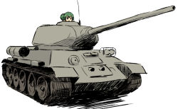 Rule 34 | 1girl, blush, caterpillar tracks, female focus, green hair, hair bobbles, hair ornament, in container, kisume, military, military vehicle, motor vehicle, short hair, simple background, smile, solo, t-34, tank, touhou, twintails, vehicle, white background, yudepii