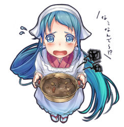 Rule 34 | 10s, 1girl, alternate costume, apron, blue eyes, blue hair, curry, flying sweatdrops, food, gradient hair, head scarf, housewife, kantai collection, kappougi, ladle, long hair, looking at viewer, matching hair/eyes, multicolored hair, open mouth, samidare (kancolle), shinonome haru, solo, tears, tenugui, text focus, translation request, very long hair, white background