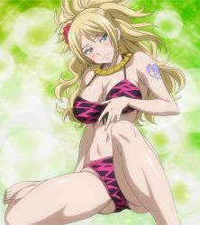 Rule 34 | 1girl, bikini, blonde hair, blue eyes, blush, breasts, cleavage, earrings, fairy tail, flower, hair flower, hair ornament, jenny realight, jewelry, pegasus tattoo, screencap, spread legs, stitched, swimsuit, tagme, tattoo, third-party edit