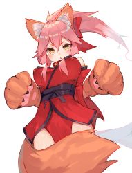 Rule 34 | 1girl, animal ear fluff, animal ears, animal hands, bow, breasts, brown eyes, brown gloves, detached sleeves, fate/grand order, fate (series), floating hair, fox ears, fox girl, fox tail, gloves, hair between eyes, hair bow, high ponytail, highres, japanese clothes, kimono, large breasts, long hair, long sleeves, looking at viewer, obi, parted lips, paw gloves, pink hair, ponytail, red bow, red kimono, red sleeves, sash, sidelocks, simple background, solo, tail, tamamo (fate), tamamo cat (fate), tamamo cat (first ascension) (fate), tota (sizukurubiks), v-shaped eyebrows, white background, wide sleeves