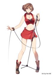 Rule 34 | 1girl, absurdres, bare arms, bare shoulders, boots, breasts, brown eyes, brown footwear, brown hair, cleavage, collarbone, commentary, full body, highres, large breasts, looking at viewer, meiko (vocaloid), meiko (vocaloid3), microphone, microphone cord, microphone stand, midriff, miniskirt, navel, red skirt, short hair, simple background, skirt, smile, solo, standing, vocaloid, white background, yen-mi