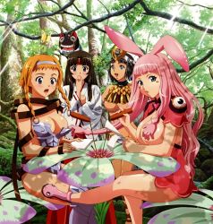 Rule 34 | + +, animal ears, black hair, blonde hair, blue eyes, blush, breasts, brown hair, bug, butterfly, cleavage, flower, forest, highres, insect, japanese clothes, large breasts, leina (queen&#039;s blade), long hair, melona (queen&#039;s blade), menace (queen&#039;s blade), miko, monster girl, nature, pink hair, prehensile hair, purple eyes, queen&#039;s blade, rabbit ears, rin-sin, setra, sitting, slime girl, tomoe (queen&#039;s blade), underboob