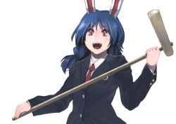 Rule 34 | 1girl, :d, animal ears, bad id, bad twitter id, black jacket, blazer, blue hair, braid, cosplay, holding, holding mallet, ichiba youichi, jacket, kine, long hair, long sleeves, looking at viewer, mallet, necktie, open mouth, rabbit ears, red eyes, red necktie, reisen udongein inaba, reisen udongein inaba (cosplay), seiran (touhou), shirt, simple background, smile, solo, touhou, twin braids, twintails, upper body, white background, white shirt
