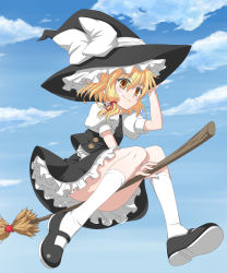 Rule 34 | 1girl, blonde hair, bluepony, broom, broom riding, buttons, cloud, convenient leg, day, dress, female focus, flying, hat, hat ribbon, highres, kirisame marisa, kneehighs, mary janes, ribbon, shoes, sky, socks, solo, touhou, witch, witch hat, yellow eyes