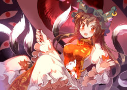 Rule 34 | 1girl, alternate hair length, alternate hairstyle, animal ears, breasts, brown hair, cat, cat tail, chen, dress, fang, gap (touhou), hat, large breasts, long hair, long sleeves, looking at viewer, multiple tails, nekomata, aged up, red eyes, sketch, smile, solo, tabard, tail, touhou, yetworldview kaze