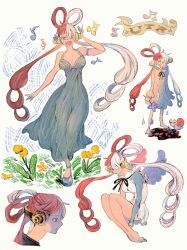 Rule 34 | 1girl, armlet, black ribbon, blue dress, blue eyes, blue gloves, character name, child, commentary, crying, crying with eyes open, curled up, dress, elbow gloves, flower, full body, gloves, hair over one eye, headphones, highres, looking at viewer, looking to the side, makenevemoiine, multicolored hair, multiple views, musical note, neck ribbon, one piece, profile, red hair, ribbon, sleeveless, sleeveless dress, smile, snail, tears, twintails, two-tone hair, uta (one piece), white background, white hair, wings