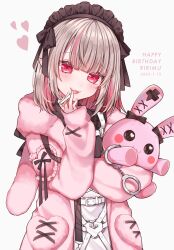 Rule 34 | 1girl, absurdres, apron, black dress, black headdress, blush, candy, cigarette candy, cuffs, dated, dress, fangs, food, grey hair, handcuffs, happy birthday, heart, hgrmfoods, highres, holding, holding stuffed toy, jacket, looking at viewer, maid headdress, makaino ririmu, makaino ririmu (5th costume), medium hair, multicolored hair, nijisanji, open clothes, open jacket, open mouth, pink hair, pink jacket, pointy ears, red eyes, simple background, smile, solo, stuffed animal, stuffed rabbit, stuffed toy, two-tone hair, virtual youtuber, white apron, white background