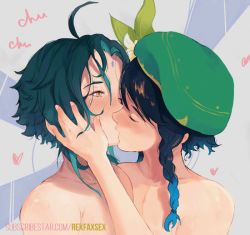Rule 34 | 2boys, androgynous, animated, animated gif, blue hair, blush, braid, closed eyes, flower, french kiss, genshin impact, green hair, hand on another&#039;s face, hat, hat flower, heart, kiss, looping animation, multicolored hair, multiple boys, nude, rexfaxsex, short hair, trap, trap on trap, two-tone hair, ugoira, venti (genshin impact), xiao (genshin impact), yaoi, yellow eyes