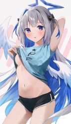 Rule 34 | 1girl, absurdres, alternate breast size, amane kanata, angel wings, black shorts, blue hair, blue shirt, breasts, clothes lift, colored inner hair, commentary request, cowboy shot, dolphin shorts, feathered wings, grey hair, halo, highres, hololive, lifting own clothes, long hair, midriff, multicolored hair, navel, nel dcm, no bra, official alternate hair length, official alternate hairstyle, parted lips, purple eyes, shirt, shirt lift, shorts, simple background, small breasts, solo, stomach, two side up, underboob, virtual youtuber, white background, white wings, wings