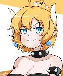 Rule 34 | &gt;:3, alternate hair length, alternate hairstyle, armlet, black collar, blonde hair, blue eyes, bowsette, collar, crown, earrings, eyes visible through hair, fang, fang out, highres, jewelry, mario (series), new super mario bros. u deluxe, nintendo, palpe, pointy ears, self-upload, short hair, simple background, smug, solo, spiked armlet, spikes, super crown, upper body, v-shaped eyebrows