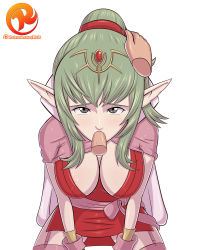 Rule 34 | 1girl, artist name, breasts, cape, cleavage, disembodied hand, disembodied penis, dress, fellatio, fire emblem, fire emblem awakening, green hair, grey eyes, hair ornament, highres, large breasts, long hair, looking at viewer, nintendo, oral, patreon, penis, pointy ears, ponytail, red dress, reit, shiny skin, sitting, solo, spread legs, tiki (fire emblem), uncensored, watermark, web address, white background