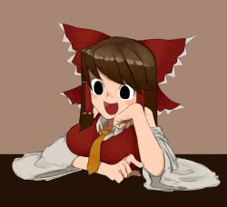 Rule 34 | 1girl, :d, black eyes, blush, bow, breasts, brown hair, collared shirt, commentary request, cookie (touhou), detached sleeves, empty eyes, frilled bow, frilled hair tubes, frills, hair bow, hair tubes, hakurei reimu, large breasts, long hair, necktie, noel (cookie), open mouth, red bow, red shirt, shirt, smile, solo, surauta, touhou, upper body, white sleeves, yellow necktie