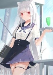 Rule 34 | 1girl, anchor symbol, animal ears, blue sky, blush, cat ears, cat tail, closed mouth, cloud, commentary request, feet out of frame, grey hair, highres, holding, holding plate, long hair, looking at viewer, maid, menu, miniskirt, original, plate, red eyes, school uniform, serafuku, sidelocks, skirt, sky, solo, sunlight, suspender skirt, suspenders, sweat, tail, tail raised, tanshio, thigh strap, thighs, translated, uniform, very long hair, white hair