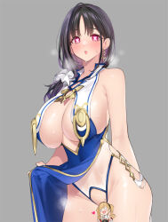 Rule 34 | 1girl, azur lane, bare shoulders, black hair, blue dress, blush, breasts, censored, cleavage, cleavage cutout, clothes lift, clothing cutout, detached sleeves, dress, dress lift, earrings, fur trim, hair over shoulder, heart, heart-shaped pupils, jewelry, large breasts, leonardo da vinci (azur lane), long hair, looking at viewer, mole, mole on crotch, mole under eye, novelty censor, open mouth, pink eyes, popqn, see-through, side slit, sideboob, solo, sweatdrop, symbol-shaped pupils, thighs, ting an (azur lane), white background, wide sleeves