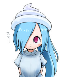 Rule 34 | .live, 1girl, :&lt;, arms behind back, blue hair, blush stickers, chamaji, eyebrows hidden by hair, frown, hair over one eye, highres, purple eyes, solo, upper body, virtual youtuber, white background, yamato iori
