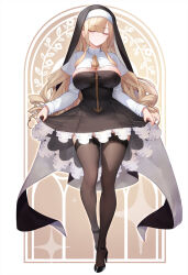 Rule 34 | 1girl, black dress, black footwear, black thighhighs, blonde hair, breasts, bursting breasts, cleavage, closed mouth, clothes lift, dress, dress lift, frilled dress, frills, full body, habit, high heels, highres, lace, lace-trimmed thighhighs, large breasts, long hair, nun, original, pupps, solo, thighhighs