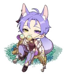 Rule 34 | 1boy, ahoge, animal ear fluff, animal ears, animated, animated gif, blinking, cat eyes, cat smile, chibi, chinese clothes, earrings, ears up, fang, fox boy, fox ears, fox tail, full body, glasses, grass, heterochromia, holding, holding glasses, jewelry, kuya (nu carnival), male focus, mole, mole under eye, nu carnival, purple eyes, purple fur, purple hair, short hair, sitting, skin fang, slit pupils, smile, tail, tail wagging, video, yadome810, yellow eyes