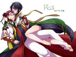 Rule 34 | 2boys, arch bishop (ragnarok online), barefoot, black-framed eyewear, black hair, black ribbon, black shirt, capelet, closed mouth, coat, commentary request, copyright name, flowery peko, full body, glasses, green coat, green eyes, hair between eyes, hair ribbon, heterochromia, long bangs, looking at another, looking at viewer, male focus, multiple boys, official alternate costume, pants, ragnarok online, red eyes, red hair, ribbon, semi-rimless eyewear, shirt, short bangs, simple background, sitting, smile, translation request, under-rim eyewear, white background, white capelet, white pants, yaoi, yellow eyes