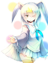 Rule 34 | 10s, 1girl, ;p, absurdres, blonde hair, blue gloves, blue skirt, blush, common gull (kemono friends), frilled sleeves, frills, gloves, gradient hair, hair between eyes, head wings, highres, japari symbol, kanzakietc, kemono friends, long hair, long sleeves, looking at viewer, multicolored hair, one eye closed, outstretched hand, pleated skirt, sailor collar, simple background, skirt, smile, solo, thighhighs, tongue, tongue out, white hair, wide sleeves, wings, yellow eyes, yellow thighhighs