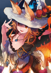 Rule 34 | 1girl, :d, animal ears, belt, breasts, candle, cleavage, dress, ears through headwear, fang, fire, fox ears, fox girl, fox shadow puppet, fox tail, hair between eyes, hat, highres, jewelry, large breasts, long hair, looking at viewer, makihitsuji, necklace, open mouth, orange eyes, orange hair, original, ruffling hair, smile, solo, tail, witch hat