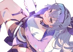 Rule 34 | 1girl, absurdres, bandaid on thigh, belt, black jacket, black shorts, blue jacket, brown eyes, commentary request, crop top, curly hair, eyewear on head, grey belt, grey hair, highres, holding, holding phone, honkai: star rail, honkai (series), jacket, looking at viewer, mochizuki mochi, multicolored clothes, multicolored jacket, open mouth, phone, shirt, shorts, side ponytail, silver wolf (honkai: star rail), smile, solo, thigh strap, white shirt