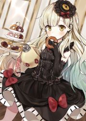 Rule 34 | 1girl, absurdres, black dress, black gloves, blonde hair, bow, doughnut, dress, earrings, eating, elbow gloves, floating hair, food, gloves, gothic lolita, highres, indoors, jewelry, kurutsu, lolita fashion, long hair, looking at viewer, mayu (vocaloid), red bow, sleeveless, sleeveless dress, solo, sparkle, very long hair, vocaloid, yellow eyes