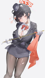Rule 34 | 1girl, absurdres, animal ear fluff, animal ears, black bra, black hat, black jacket, black pantyhose, black skirt, blue archive, blush, bow, bowtie, bra, bra peek, breasts, button gap, cleavage, collared shirt, commentary, feet out of frame, fish (red star child), flag, flower, formal, garrison cap, gloves, grey background, hair flower, hair ornament, halo, hat, highres, holding, holding flag, jacket, lace, lace bra, lapels, large breasts, looking at viewer, notched lapels, one eye closed, pantyhose, parted lips, pencil skirt, raccoon ears, red bow, red bowtie, red flag, red halo, shirt, short hair, simple background, skirt, solo, suit, torn clothes, torn pantyhose, tour guide, tsubaki (guide) (blue archive), underwear, walkie-talkie, white gloves, white shirt