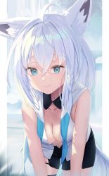 Rule 34 | 1girl, absurdres, animal ear fluff, animal ears, bag, bent over, black shorts, blue eyes, breasts, cleavage, closed mouth, collarbone, derby (dabidabi), fox ears, hair between eyes, highres, hololive, long hair, looking at viewer, medium breasts, open clothes, open shirt, shirakami fubuki, shirakami fubuki (1st costume), shirt, short shorts, shorts, silver hair, sleeveless, sleeveless shirt, smile, smug, solo, thigh gap, very long hair, virtual youtuber, white shirt