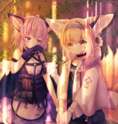 Rule 34 | 2girls, ahoge, animal ears, arknights, bad id, bad pixiv id, black collar, black legwear, blonde hair, blue eyes, blue hairband, blue shirt, blush, braid, brown hair, chrocatz, collar, commentary request, cosplay, costume switch, dress, earpiece, fox ears, fox girl, fox tail, gloves, green eyes, hairband, highres, infection monitor (arknights), jacket, kitsune, light rays, looking at viewer, multicolored hair, multiple girls, multiple tails, open clothes, open jacket, outdoors, pantyhose, pouch, purple dress, shirt, short hair, sidelocks, smile, streaked hair, sussurro (arknights), suzuran (arknights), tactical clothes, tail, two-tone dress, vest, vial, white dress, white gloves, white hair, white jacket