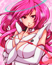 Rule 34 | 1girl, ahoge, arm between breasts, bemani, between breasts, breasts, chihiru, cleavage, detached sleeves, female focus, finger to mouth, gloves, gradient background, headphones, large breasts, lips, long hair, looking at viewer, pink eyes, pink hair, rasis, single glove, smile, solo, sound voltex, sound voltex ii infinite infection, very long hair