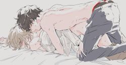 Rule 34 | 2boys, akechi gorou, amamiya ren, bed sheet, black hair, blush, brown hair, from side, grey background, hair between eyes, implied sex, male focus, male underwear, multiple boys, nipples, open clothes, open shirt, pants, parted lips, persona, persona 5, sawa2, sex, sheet grab, shirt, simple background, sweat, topless male, underwear, white shirt, yaoi